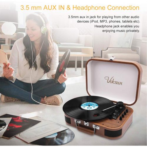  [아마존베스트]Voksun Suitcase Record Player, Bluetooth Turntable with Built-in Stereo Speakers, 3-Speed Nostalgic LP Vinyl Player, Supports Vinyl to MP3 Recording, with AUX USB RCA Headphone Jac