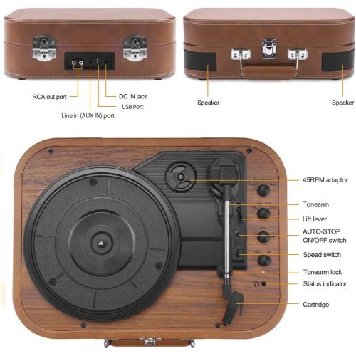  [아마존베스트]Voksun Suitcase Record Player, Bluetooth Turntable with Built-in Stereo Speakers, 3-Speed Nostalgic LP Vinyl Player, Supports Vinyl to MP3 Recording, with AUX USB RCA Headphone Jac
