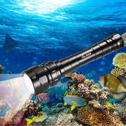  Underwater Flashlight, VOLADOR 3 CREE XPL LED 3100lm Professional Rechargeable Diving Light, Waterproof Dive Lamp for Scuba Night Dive with Battery and Charger