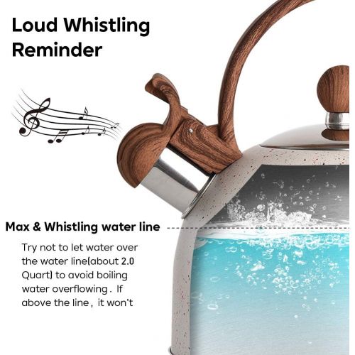  VONIKI 2.5 Quart Whistling Tea Kettle Stainless Steel Tea Pots for Stove Top Stylish Kettle With Wood Pattern Anti-slip Handle Whistle Water Kettle Stovetop Tea Pot for Boiling Wat