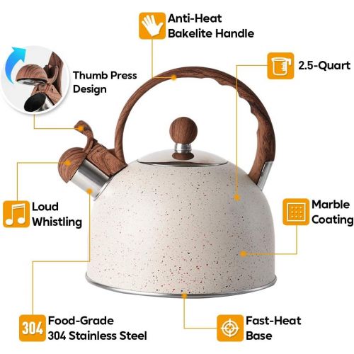  VONIKI 2.5 Quart Whistling Tea Kettle Stainless Steel Tea Pots for Stove Top Stylish Kettle With Wood Pattern Anti-slip Handle Whistle Water Kettle Stovetop Tea Pot for Boiling Wat