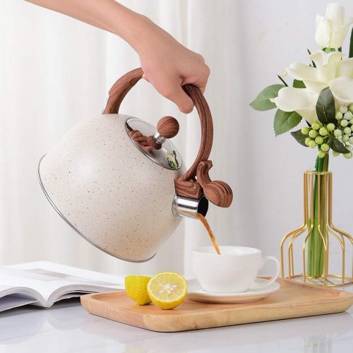  VONIKI 2.5 Quart Whistling Tea Kettle Stainless Steel Tea Pots for Stove Top Stylish Kettle With Wood Pattern Anti-slip Handle Whistle Water Kettle Stovetop Tea Pot for Boiling Wat