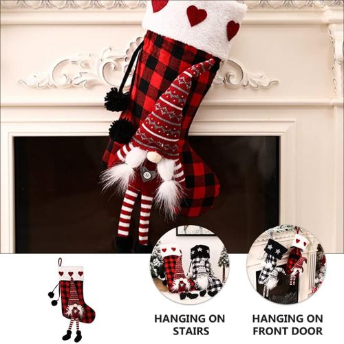  VORCOOL Gnome Christmas Stockings 3D Plush Plaid Hanging Stockings Christmas Tree Pendant Gift Sock Bag Decorations for Holiday Xmas Tree Wall Fireplace Window Red