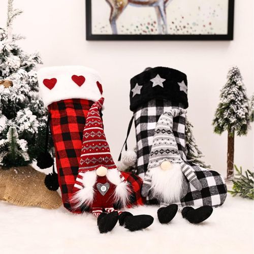  VORCOOL Gnome Christmas Stockings 3D Plush Plaid Hanging Stockings Christmas Tree Pendant Gift Sock Bag Decorations for Holiday Xmas Tree Wall Fireplace Window Red