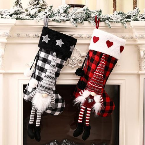  VORCOOL Gnome Christmas Stockings 3D Plush Plaid Hanging Stockings Christmas Tree Pendant Gift Sock Bag Decorations for Holiday Xmas Tree Wall Fireplace Window Red