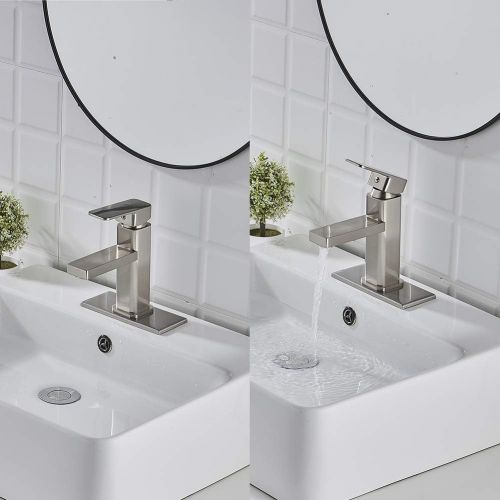  VOTON Brushed Nickel Bathroom Faucet Single Hole,Modern Square Single Handle Bathroom Sink Washbasin Vanity Sink Faucet with Deck