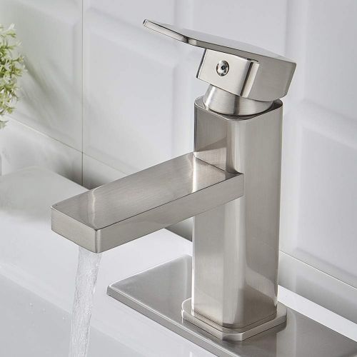  VOTON Brushed Nickel Bathroom Faucet Single Hole,Modern Square Single Handle Bathroom Sink Washbasin Vanity Sink Faucet with Deck