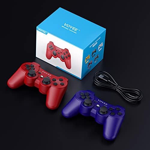  VOYEE Wireless Controller Compatible with Playstation 3, 2 Pack PS3 Controller with Upgraded Joystick/Rechargerable Battery/Motion Control/Double Shock (Blue Red)