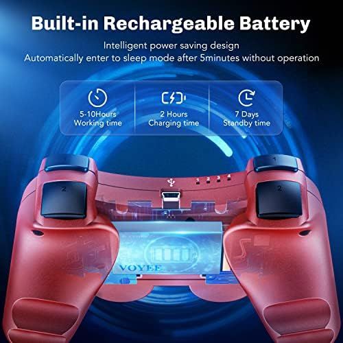  VOYEE Wireless Controller Compatible with Playstation 3, 2 Pack PS3 Controller with Upgraded Joystick/Rechargerable Battery/Motion Control/Double Shock (Blue Red)