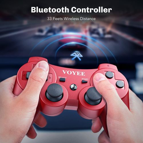  VOYEE Wireless Controller Compatible with Playstation 3, 2 Pack PS3 Controller with Upgraded Joystick/Rechargerable Battery/Motion Control/Double Shock (Blue Red)