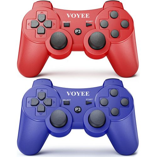  VOYEE Wireless Controller Compatible with Playstation 3, 2 Pack PS3 Controller with Upgraded Joystick/Rechargerable Battery/Motion Control/Double Shock (Blue Red)