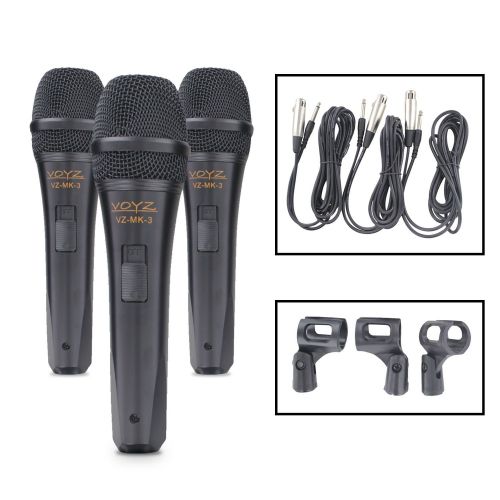  VOYZ Set of 3 Pieces Professional Dynamic Microphones - Cardioid Unidirectional Vocal Handheld Mic Kit With Carry Case, Clip and x3 26ft XLR to 14 Cables (VZ-MK3)