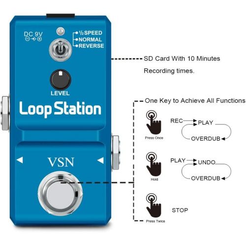  VSN Looper Pedal Electric Guitar Effect Looping Record for 10 Minutes and Mini Size Loops 3 Mode TF Card Transmission Port