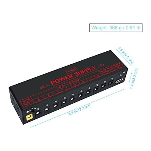  VSN PW-01 Guitar Pedal Power Supply 10 Isolated DC Output for 9V/12V/18V Effect Pedal with USB Charging port for iPhone iPad Tablet