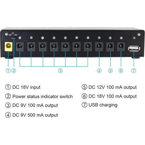  VSN PW-01 Guitar Pedal Power Supply 10 Isolated DC Output for 9V/12V/18V Effect Pedal with USB Charging port for iPhone iPad Tablet