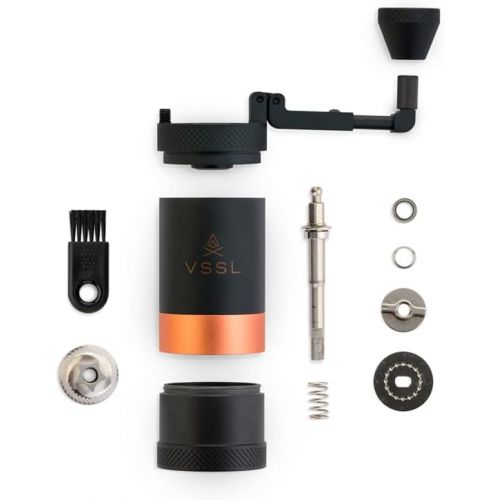  VSSL JAVA Manual Hand Coffee Grinder. 50 adjustable grind settings for Aeropress, French Press, Drip Coffee, Espresso with best-in-class stainless steel burrs. 20g grind capacity.