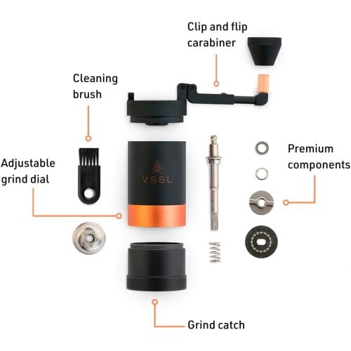  VSSL JAVA Manual Hand Coffee Grinder. 50 adjustable grind settings for Aeropress, French Press, Drip Coffee, Espresso with best-in-class stainless steel burrs. 20g grind capacity.