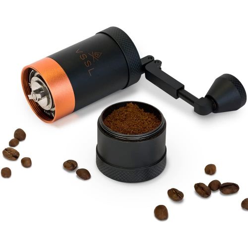  VSSL JAVA Manual Hand Coffee Grinder. 50 adjustable grind settings for Aeropress, French Press, Drip Coffee, Espresso with best-in-class stainless steel burrs. 20g grind capacity.