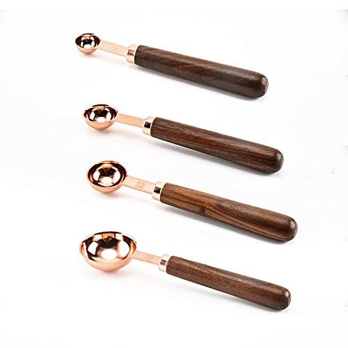  VU ANH TUAN Store Copper Measuring Cups Household Kitchen Dining Bar Baking Tools Walnut Wooden Handle Copper Plating Measuring Cups Spoon Cake Sugar Tools Set