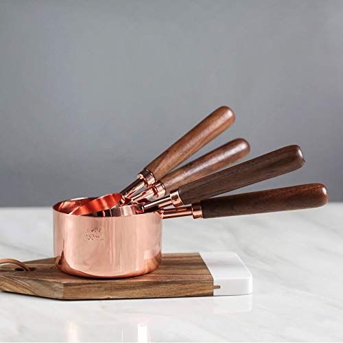  VU ANH TUAN Store Copper Measuring Cups 4PCS/set Copper Measuring Spoons Cups Stainless Steel Scales Coffee Tea Scoops Kitchen Baking Cooking Tools with Wooden Handle