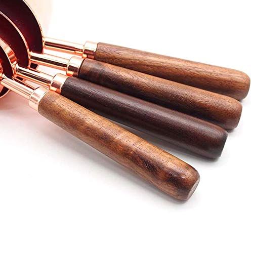  VU ANH TUAN Store Copper Measuring Cups 4PCS/set Copper Measuring Spoons Cups Stainless Steel Scales Coffee Tea Scoops Kitchen Baking Cooking Tools with Wooden Handle