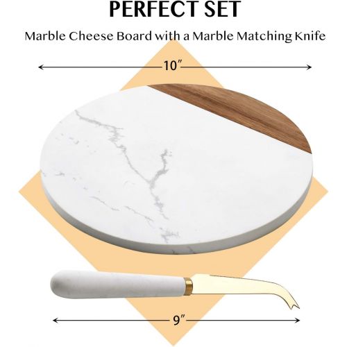  [아마존베스트]VUDECO White Marble and Acacia Wooden Cheese Board & Knife Set for Christmas Marble Tray for Meats Breads Charcuterie Round Cutting Serving Board Stainless Steel Knife - 10 Marble