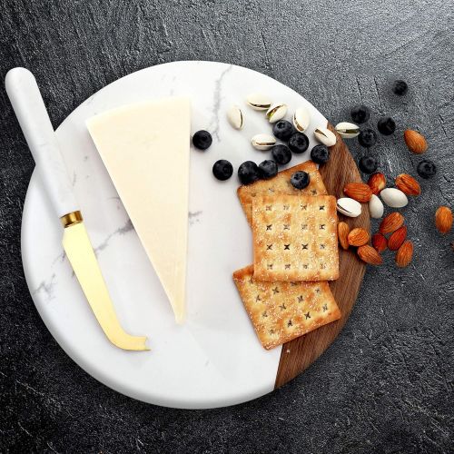  [아마존베스트]VUDECO White Marble and Acacia Wooden Cheese Board & Knife Set for Christmas Marble Tray for Meats Breads Charcuterie Round Cutting Serving Board Stainless Steel Knife - 10 Marble