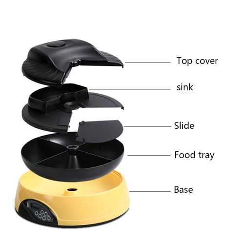  VVAP Automatic Dog Feeder 4 Meals Programmable Timer Pet Cat Puppy Animal Food Supplies Bowls Water Trays Container with LCD Display,Yellow