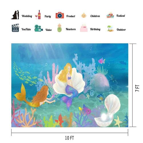  VVM 10x7ft Cartoon Style Backdrop Underwater World Photography Background Mermaid Themed Birthday Party Decoration Studio Props LXVV667