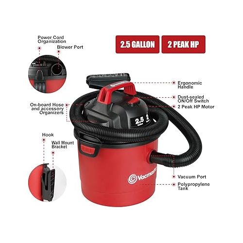  Vacmaster 2.5 Gallon Shop Vacuum Cleaner 2 Peak HP Power Suction Lightweight 3-in-1 Wet Dry Vacuum with Blower & Wall Mount Design for Cleaning Car, Boat, Pet Hair, Hard floor