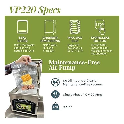  VacMaster VP220 Commercial Chamber Vacuum Sealer for Sous Vide, Liquids, Powders, Food Storage, 110V, Maintenance-Free Air Pump with 12.25” seal bar