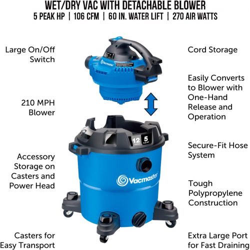  Vacmaster VBV1210, 12-Gallon 5 Peak HP Wet/Dry Shop Vacuum with Detachable Blower