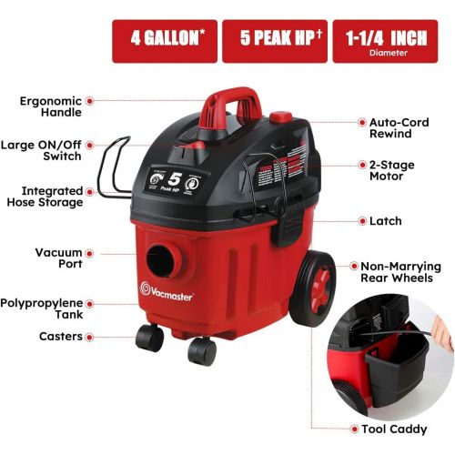  [아마존베스트]Vacmaster Shop Vac 5 Peak HP 4 Gallon Wet Dry Vacuum Cleaner with Heap Filter 2-Stage Motor Auto Cord Rewind for Powerful Suction and Quiet Operation