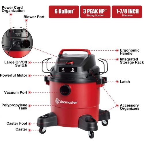  [아마존베스트]Vacmaster Red Edition VJF607PF 1101 Portable Wet Dry Shop Vacuum 6 Gallon 3 Peak HP 1-1/2 inch Hose