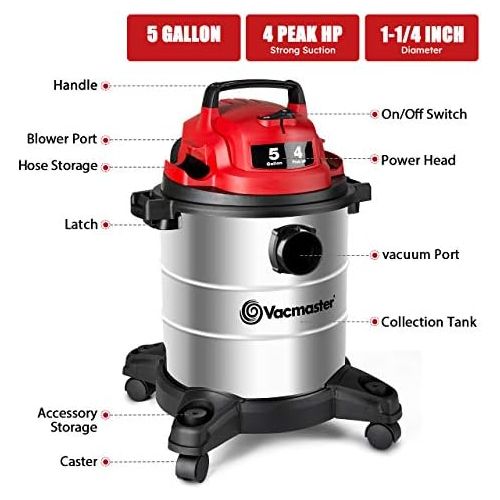 [아마존베스트]Vacmaster Red Edition VOC508S 1101 Stainless Steel Wet Dry Shop Vacuum 5 Gallon 4 Peak HP 1-1/4 inch Hose Powerful Suction with Blower Function