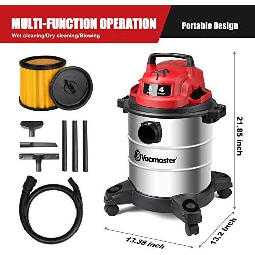  [아마존베스트]Vacmaster Red Edition VOC508S 1101 Stainless Steel Wet Dry Shop Vacuum 5 Gallon 4 Peak HP 1-1/4 inch Hose Powerful Suction with Blower Function