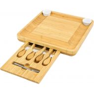 [아마존베스트]VaeFae Cheese Board and Knife Set, Bamboo Charcuterie Board with Magnetic Slide-Out Drawer and 2 Ceramic Bowls