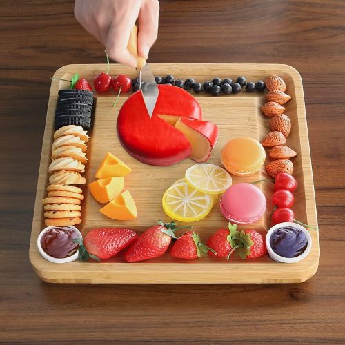  [아마존베스트]VaeFae Cheese Board and Knife Set, Bamboo Charcuterie Board with Magnetic Slide-Out Drawer and 2 Ceramic Bowls