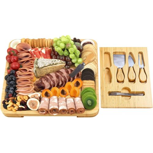  [아마존베스트]VaeFae Cheese Board and Knife Set, Bamboo Charcuterie Board with Magnetic Slide-Out Drawer and 2 Ceramic Bowls