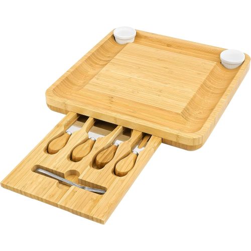  [아마존베스트]VaeFae Cheese Board and Knife Set, Bamboo Charcuterie Board with Magnetic Slide-Out Drawer and 2 Ceramic Bowls