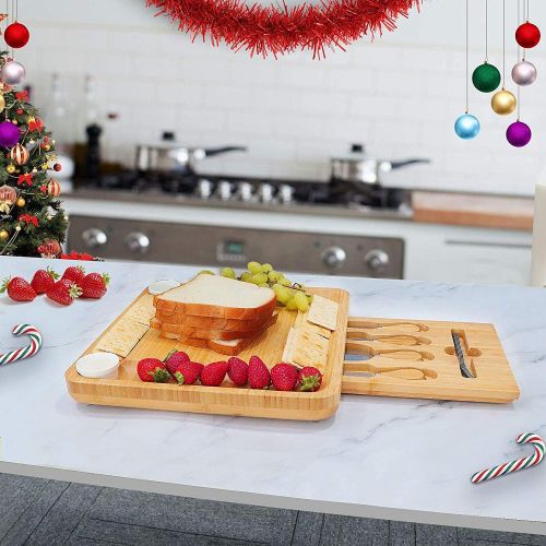  [아마존베스트]VaeFae Cheese Board and Knife Set, Bamboo Charcuterie Board with Magnetic Slide-Out Drawer and 2 Ceramic Bowls