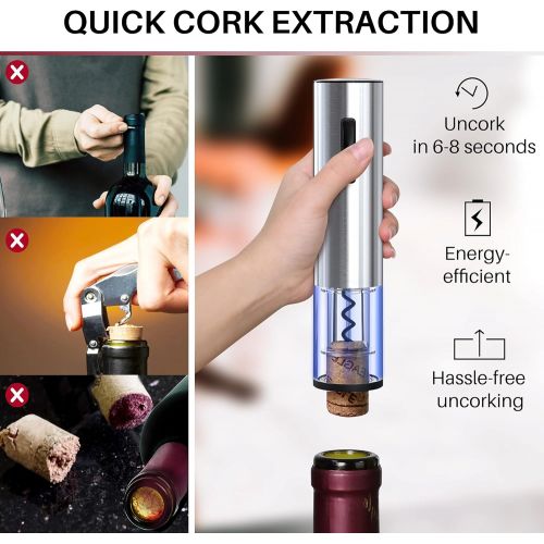  Electric Wine Opener, Vakoo Automatic Electric Wine Bottle Opener Set Rechargeable Corkscrew with Foil Cutter Vacuum Stopper and Wine Pourer, Chic 4-in-1 Wine Openers Gift for Wine