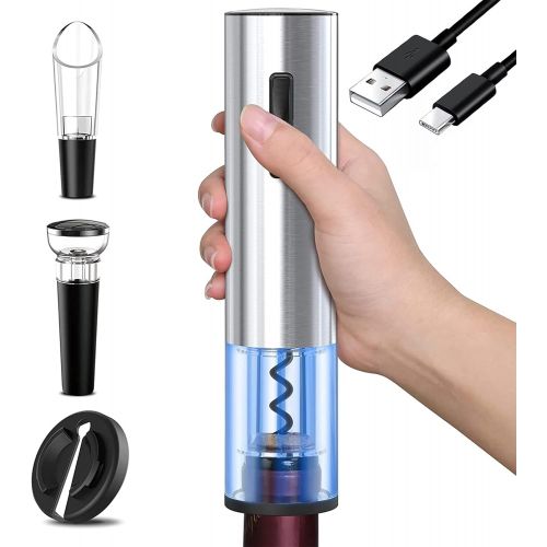  Electric Wine Opener, Vakoo Automatic Electric Wine Bottle Opener Set Rechargeable Corkscrew with Foil Cutter Vacuum Stopper and Wine Pourer, Chic 4-in-1 Wine Openers Gift for Wine