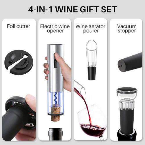  Electric Wine Opener, Vakoo Automatic Electric Wine Bottle Opener Set Rechargeable Corkscrew with Foil Cutter Vacuum Stopper and Wine Pourer, Chic 4-in-1 Wine Openers Gift for Wine