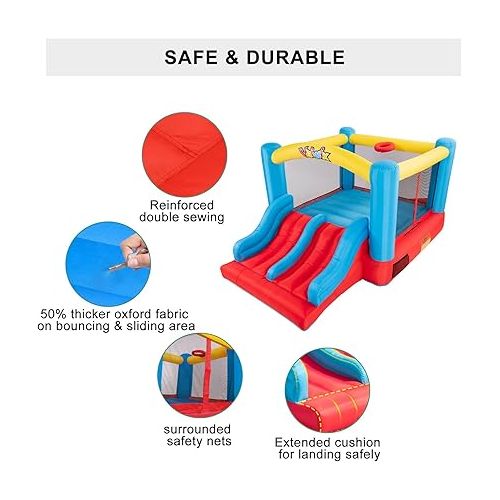  Valwix Bounce House, Inflatable Bouncer with Blower for Kids 3-10, Indoor Outdoor Bouncy Castle Double Slide, Large Bounce Area w/Basketball Hoop, 300 LBS Capacity