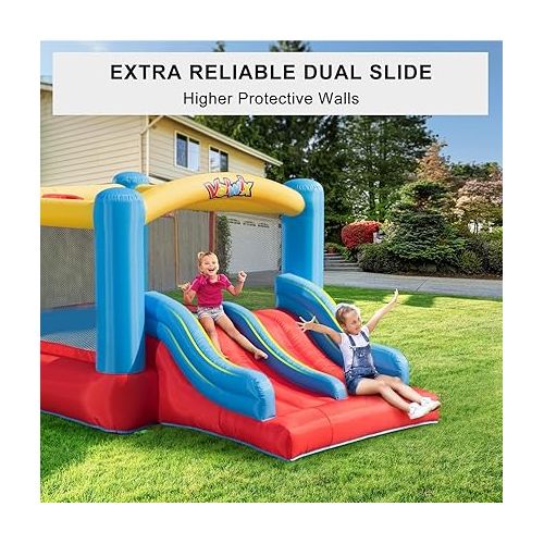  Valwix Bounce House, Inflatable Bouncer with Blower for Kids 3-10, Indoor Outdoor Bouncy Castle Double Slide, Large Bounce Area w/Basketball Hoop, 300 LBS Capacity