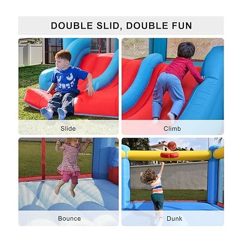  Valwix Bounce House, Inflatable Bouncer with Blower for Kids 3-10, Indoor Outdoor Bouncy Castle Double Slide, Large Bounce Area w/Basketball Hoop, 300 LBS Capacity