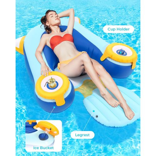  Valwix Inflatable Pool Lounge Recliner for Adults with Backrest, Footrest & Cup Holder Ice Buckets, Water Lounger 250 lbs Capacity