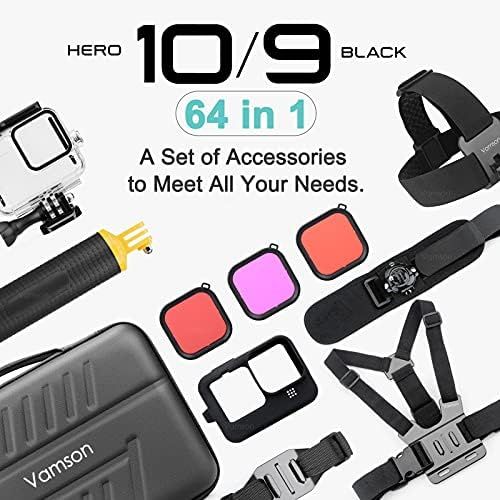  Vamson Accessories Kit for GoPro Hero 10 9 Black Waterproof Housing Case Filter Silicone Protector Frame Lens Screen Tempered Glass Head Chest Strap Bike Mount Floating Bundle Set