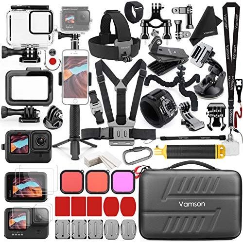  Vamson Accessories Kit for GoPro Hero 10 9 Black Waterproof Housing Case Filter Silicone Protector Frame Lens Screen Tempered Glass Head Chest Strap Bike Mount Floating Bundle Set